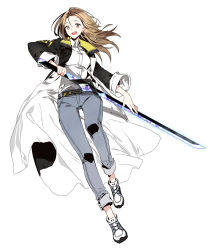 Rule 34 | 1girl, belt, brown eyes, brown hair, denim, empew, holding, holding sword, holding weapon, jacket, jeans, long hair, looking at viewer, open clothes, open jacket, open mouth, original, pants, shoes, simple background, sneakers, solo, sword, weapon
