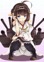 Rule 34 | 10s, 1girl, bare shoulders, black thighhighs, blue eyes, blush, boots, brown hair, full body, hairband, hazuki gyokuto, headgear, highres, japanese clothes, kantai collection, kneeling, kongou (kancolle), looking at viewer, nontraditional miko, panties, pantyshot, parted lips, personification, ribbon-trimmed sleeves, ribbon trim, rifling, shadow, sidelocks, skirt, solo, squatting, thigh boots, thighhighs, turret, underwear, upskirt, white background, white panties, wide sleeves
