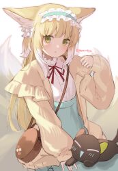 Rule 34 | 1girl, :o, absurdres, animal, animal ear fluff, animal ears, arknights, bag, black cat, blonde hair, blue hairband, blue skirt, cat, commentary request, crossover, fox ears, fox girl, fox tail, frilled hairband, frills, green eyes, hairband, hand up, high-waist skirt, highres, long hair, long sleeves, looking at viewer, luo xiaohei, luo xiaohei zhanji, multicolored hair, neck ribbon, parted lips, puffy long sleeves, puffy sleeves, red ribbon, ribbon, shirt, shoulder bag, simple background, skirt, sleeves past wrists, sumomooekaki, suzuran (arknights), suzuran (spring praise) (arknights), tail, twitter username, two-tone hair, very long hair, white background, white hair, white shirt