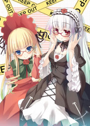 Rule 34 | 00s, 2girls, asa (swallowtail), blonde hair, blue eyes, blush, bonnet, breasts, cleavage, doll joints, drill hair, glasses, headdress, highres, joints, long hair, looking at viewer, multiple girls, red eyes, rozen maiden, shinku, silver hair, smile, suigintou, v-shaped eyebrows