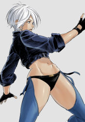 Rule 34 | angel (kof), blue eyes, bra, breasts, chaps, cropped jacket, fingerless gloves, gloves, hair over one eye, highres, irene koh, jacket, large breasts, leather, leather jacket, midriff, navel, panties, short hair, snk, strapless, strapless bra, the king of fighters, the king of fighters xiv, thighs, toned, underwear, white hair