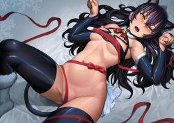 Rule 34 | 1girl, animal ears, armpits, bare shoulders, bed sheet, bell, belt bra, black choker, black hair, black thighhighs, blake belladonna, blush, boots, bow, bowtie, breasts, breasts apart, cameltoe, cat ears, cat tail, choker, detached sleeves, fingernails, fur boots, fur trim, grey background, hair spread out, highleg, jingle bell, knee up, lasterk, long hair, looking at viewer, lying, medium breasts, navel, on back, open mouth, paw pose, red bow, red bowtie, red ribbon, ribbon, rwby, snowflakes, solo, tail, thighhighs, underwear, yellow eyes