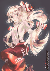 Rule 34 | 1girl, absurdres, baggy pants, black footwear, blunt bangs, bow, buttons, character name, collared shirt, color guide, commentary request, foot out of frame, fujiwara no mokou, grey background, hair bow, highres, hime cut, knee up, long hair, long sleeves, looking at viewer, navel, ofuda, ofuda on clothes, open fly, open mouth, pants, red bow, red eyes, red pants, shirt, shoes, sidelocks, solo, suspenders, touhou, two-tone bow, urushimaru0701, white bow, white hair, white shirt
