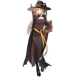 Rule 34 | 1girl, :d, basket, black cat, black footwear, black pantyhose, blush, bolt action, breasts, brown hair, candy, cat, choker, cleavage, duoyuanjun, food, full body, girls&#039; frontline, gloves, green eyes, gun, halloween, halloween costume, hat, large breasts, long hair, looking at viewer, m1903 springfield, official alternate costume, official art, open mouth, pantyhose, rifle, shoes, smile, solo, springfield (classic witch) (girls&#039; frontline), springfield (girls&#039; frontline), transparent background, weapon, witch hat