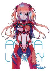 Rule 34 | 1girl, blue eyes, bodysuit, breasts, brown hair, character name, cowboy shot, eyepatch, groin, hair ornament, long hair, looking at viewer, neon genesis evangelion, open mouth, plugsuit, rebuild of evangelion, signature, simple background, small breasts, solo, souryuu asuka langley, white background, yooani