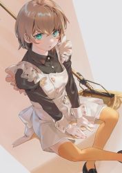 Rule 34 | 1girl, absurdres, apron, blue eyes, breasts, brown hair, collared shirt, frills, highres, juliet sleeves, long sleeves, looking at viewer, maid, maid apron, mop, nik ibi, open mouth, orange thighhighs, original, puffy sleeves, shirt, short hair, simple background, sitting, small breasts, solo, thighhighs, victorian maid