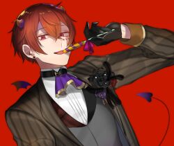 Rule 34 | 1boy, :d, aho no sakata, ascot, belt collar, black collar, black flower, black gloves, black rose, boutonniere, brown jacket, candy, collar, demon boy, demon horns, demon tail, demon wings, earrings, facial mark, flower, flower earrings, food, food in mouth, gloves, grey vest, hair between eyes, hassan (sink916), holding, holding candy, holding food, holding lollipop, horns, jacket, jewelry, lollipop, long sleeves, looking at viewer, male focus, mini wings, official art, open clothes, open jacket, open mouth, parted bangs, purple ascot, red background, red eyes, red hair, rose, shirt, short hair, simple background, sleeve cuffs, smile, solo, striped clothes, striped jacket, stud earrings, suit jacket, tail, upper body, urashimasakatasen, utaite, vertical-striped clothes, vertical-striped jacket, vest, white shirt, wings
