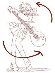 Rule 34 | 1girl, arrow (symbol), electric guitar, grin, guitar, hair ornament, hairclip, hirasawa yui, instrument, k-on!, knees together feet apart, lineart, monochrome, pleated skirt, raplus, ribbon, school uniform, short hair, simple background, skirt, smile, socks, solo, unfinished, white background