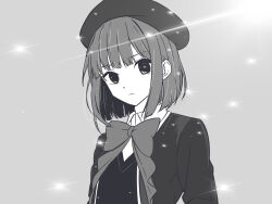 Rule 34 | 1girl, arima kana, basala5417, beret, bob cut, bow, bowtie, breasts, closed mouth, collared shirt, commentary, dress shirt, greyscale, hat, highres, inverted bob, jacket, looking at viewer, medium hair, monochrome, open clothes, open jacket, oshi no ko, school uniform, shirt, sidelocks, simple background, small breasts, solo, sparkle, sweater vest, upper body, youtou high school uniform