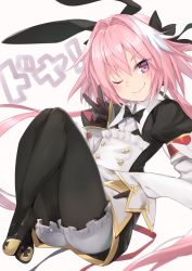 Rule 34 | 1boy, astolfo (fate), astolfo (saber) (fate), astolfo (saber) (third ascension) (fate), black bow, black gloves, black ribbon, bow, dress, fate/grand order, fate (series), gloves, hair bow, hair intakes, hair ribbon, knickers, long hair, long sleeves, looking at viewer, male focus, multicolored hair, p answer, pantyhose, pink hair, purple eyes, ribbon, solo, streaked hair, trap, twintails, v, white hair