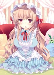 Rule 34 | 1girl, ajiriko, apron, bad id, bad pixiv id, blonde hair, blue dress, brooch, couch, curtains, dress, hat, highres, jewelry, juliet sleeves, long hair, long sleeves, mob cap, open mouth, original, pillow, pink eyes, puffy sleeves, sitting, solo, v arms, very long hair