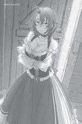 Rule 34 | 1girl, ahoge, artist name, blush, breasts, bustier, choker, cleavage, closed mouth, cold, collarbone, cow girl (goblin slayer!), crossed arms, goblin slayer!, greyscale, hair between eyes, hair intakes, highres, kannatsuki noboru, large breasts, layered skirt, long skirt, long sleeves, monochrome, novel illustration, off-shoulder shirt, off shoulder, official art, open door, shirt, skirt, snow on head, snowing, solo, standing, trembling