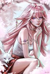 Rule 34 | 1girl, alternate costume, animal ears, armlet, blurry, blurry background, breasts, cleavage, commentary, feet out of frame, fox, fox ears, genshin impact, hair between eyes, hair intakes, hand up, highres, jewelry, long hair, looking at viewer, mole, mole under eye, pink hair, purple eyes, red lips, red skirt, ring, sitting, skirt, solleen, solo, tank top, thighs, very long hair, white tank top, yae miko