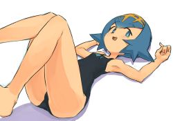 Rule 34 | 1girl, :d, bare arms, bare shoulders, black one-piece swimsuit, blue eyes, blue hair, breasts, bright pupils, creatures (company), eyebrows, game freak, hairband, lana (pokemon), legs up, lying, nintendo, nyonn24, on back, one-piece swimsuit, open mouth, orange hairband, pokemon, pokemon (anime), pokemon sm (anime), shadow, short hair, simple background, small breasts, smile, solo, swimsuit, tongue, white background, white pupils