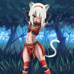 Rule 34 | 00s, animal ears, blue eyes, cat ears, cat tail, facepaint, final fantasy, final fantasy xi, flat chest, headband, highres, himajin, hip focus, mithra (ff11), skirt, tail, thick thighs, thighs, wide hips, wink