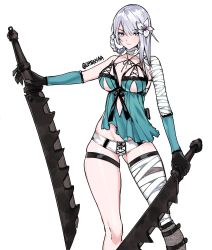 Rule 34 | 1girl, aqua eyes, bandaged arm, bandaged leg, bandages, black gloves, breasts, chenyaas, closed mouth, commentary, dual wielding, english commentary, flower, gloves, grey hair, hair flower, hair ornament, hair rings, highres, holding, holding sword, holding weapon, jagged sword, kaine (nier), large breasts, lingerie, nier, nier (series), panties, solo, sword, thick thighs, thigh strap, thighs, torn clothes, underwear, weapon, white flower, white panties