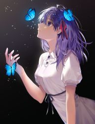 Rule 34 | 1girl, bad id, bad twitter id, blue butterfly, breasts, bug, butterfly, butterfly on head, commentary, dress, fate/stay night, fate (series), from side, gradient background, hair ornament, hair ribbon, highres, insect, long hair, looking up, matou sakura, official alternate costume, profile, purple eyes, purple hair, red ribbon, ribbon, shimatori (sanyyyy), short sleeves, solo, symbol-only commentary, white dress