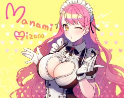 Rule 34 | 1girl, absurdres, aizono manami, blowing kiss, blush, breasts, buttons, character name, cleavage, cleavage cutout, clothing cutout, commentary, eyelashes, frills, gloves, heart, heart-shaped pupils, heart cutout, highres, large breasts, long hair, looking at viewer, maid headdress, nijisanji, one eye closed, parted lips, pink hair, puffy short sleeves, puffy sleeves, short eyebrows, short sleeves, solo, symbol-shaped pupils, thick eyebrows, unmoving pattern, upper body, very long hair, virtual youtuber, wavy hair, white gloves, yellow background, yuura