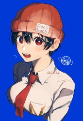 Rule 34 | 1girl, aluco klk, beanie, black hair, blue background, breasts, chibi, chibi inset, commentary request, cropped torso, flying sweatdrops, hair between eyes, hat, highres, izumo fuuko, large breasts, necktie, open mouth, portrait, red eyes, red hat, red necktie, solo, sweatdrop, twitter username, undead unluck