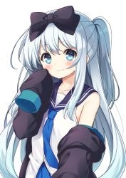 Rule 34 | 1girl, bare shoulders, black bow, black jacket, blue eyes, blue hair, blue neckwear, blue sailor collar, bow, commentary request, hair bow, jacket, long hair, long sleeves, one side up, open clothes, open jacket, original, sailor collar, school uniform, serafuku, shirt, sidelocks, simple background, sleeves past fingers, sleeves past wrists, solo, straight hair, sweatdrop, very long hair, white background, white shirt, yatsuki yura