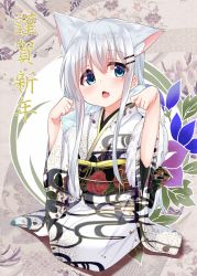 Rule 34 | 1girl, animal ears, bad id, bad pixiv id, blue eyes, cacao (chocolat), cat ears, chestnut mouth, chocola (cacao), commentary request, fang, full body, hair between eyes, hair ornament, hairclip, hands up, head tilt, highres, japanese clothes, kimono, long hair, long sleeves, looking at viewer, obi, open mouth, original, print kimono, sash, sidelocks, silver hair, solo, very long hair, white kimono, wide sleeves