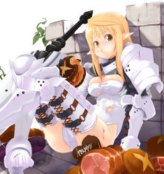Rule 34 | 1girl, aasara, armor, blonde hair, blush, bread, breasts, brown eyes, cheese, chocolate, cleavage, eating, elf, fantasy earth zero, food, gauntlets, greaves, heart, huge weapon, long hair, meat, pauldrons, pointy ears, shoulder armor, shoulder pads, solo, sword, thighhighs, torn clothes, tosarayama, weapon, white thighhighs