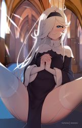 Rule 34 | 1girl, angel (nanoless), black dress, blue eyes, breasts, closed mouth, cowboy shot, dress, garter straps, hair over one eye, hairband, highres, indoors, nanoless, own hands together, paid reward available, patreon username, pelvic curtain, praying, small breasts, smile, solo, spread legs, thighhighs, white garter straps, white thighhighs