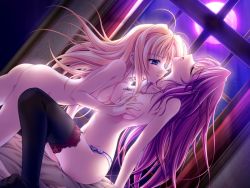 Rule 34 | 2girls, antenna hair, arm support, ass, black legwear, blonde hair, blue eyes, blush, grabbing another&#039;s breast, breast press, breasts squeezed together, breasts, cross, dutch angle, closed eyes, flat chest, game cg, grabbing, head tilt, jewelry, kanojo tachi no ryuugi, kneeling, lace, lace-trimmed legwear, lace trim, large breasts, latin cross, long hair, midriff, miyama-zero, moon, moonlight, multiple girls, naughty face, necklace, night, night sky, nipples, nude, open mouth, panties, purple hair, red hair, red moon, shirogane tobari, sitting, sky, small breasts, smile, thighhighs, topless, underwear, window, yumihiki honoka, yuri