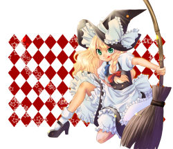 Rule 34 | 1girl, :q, bad id, bad pixiv id, blonde hair, braid, broom, dress, female focus, green eyes, hashi moto, hat, high heels, kirisame marisa, long hair, mary janes, shoes, solo, tongue, tongue out, touhou, underwear, white background, witch, witch hat