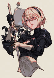 Rule 34 | 1girl, absurdres, android, blue eyes, cleavage cutout, clothing cutout, gloves, hairband, highres, holding, holding sword, holding weapon, hungry clicker, juliet sleeves, lips, long sleeves, looking at viewer, nier (series), nier:automata, parted lips, pod (nier:automata), puffy sleeves, robot, short hair, simple background, solo, sword, weapon, 2b (nier:automata)