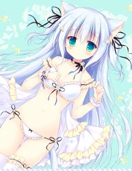 Rule 34 | 1girl, :o, animal ears, bare shoulders, blue hair, blue ribbon, blush, bow, bow bra, bow panties, bra, breasts, bridal garter, cat ears, cat girl, cat tail, cleavage, collarbone, commentary request, flower, frilled bra, frilled panties, frills, green eyes, hair between eyes, hair flower, hair ornament, hair ribbon, hands up, hasekura chiaki, long hair, looking at viewer, navel, neck ribbon, original, panties, parted lips, ribbon, side-tie panties, sidelocks, small breasts, solo, tail, thigh gap, thighhighs, two side up, underwear, very long hair, white bra, white panties, white thighhighs, wrist cuffs
