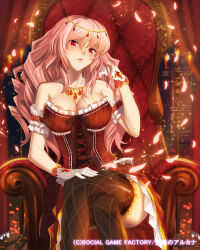Rule 34 | 1girl, arm garter, black thighhighs, blush, breasts, candle, candlestand, candlestand, chair, circlet, cleavage, crossed legs, drill hair, earrings, gloves, jewelry, lace, lace-trimmed legwear, lace trim, large breasts, lips, long hair, looking at viewer, necklace, original, pink hair, red eyes, red upholstery, seikon no arcana, sitting, solo, thighhighs, white gloves, yangsion