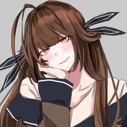 Rule 34 | antenna hair, brown hair, girls&#039; frontline, grey background, hand on own cheek, hand on own face, long hair, looking at viewer, m14 (girls&#039; frontline), mmm (ji1945), mod3 (girls&#039; frontline), simple background, smile, solo, very long hair, yellow eyes