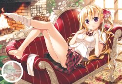 Rule 34 | 1girl, barefoot, blonde hair, blush, bow, bowtie, breasts, carpet, character request, cleavage, closed mouth, couch, day, dengeki moeou, feet, fireplace, frilled bow, frills, fujima takuya, hair bow, hair ornament, highres, indoors, kneehighs, leg up, light rays, long hair, looking at viewer, loose thighhigh, lying, medium breasts, navel, no shoes, on couch, open clothes, panties, pink bow, plaid, plaid skirt, plant, purple hair, scan, shirt, short sleeves, single kneehigh, single sock, single thighhigh, skirt, smile, socks, soles, solo, star (symbol), star hair ornament, sunbeam, sunlight, thighhighs, toes, twintails, unbuttoned, unbuttoned shirt, underwear, white panties, white shirt, white socks