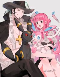 Rule 34 | 1boy, 1girl, bad id, bad twitter id, beard, black coat, black eyes, black headwear, black pants, blue eyes, coat, commentary request, creatures (company), cross pendant, crossed arms, crossover, dracule mihawk, eyelashes, facial hair, game freak, gen 2 pokemon, gen 6 pokemon, hat, hat feather, joman, korean commentary, looking at another, mustache, nintendo, one piece, pants, perona, pink hair, pink ribbon, pokemon, pokemon (creature), red eyes, ribbon, shirt, short hair, sidelocks, simple background, sitting, smile, sylveon, umbreon, white background, white shirt, yellow eyes