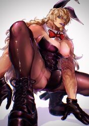 Rule 34 | 1boy, alternate costume, ame ekai, animal ears, bara, bare pectorals, black gloves, black leotard, black pantyhose, blonde hair, boots, bulge, covered abs, crossdressing, detached collar, facial hair, foreshortening, full body, gloves, goatee, highres, killer (one piece), large pectorals, latex, latex gloves, latex leotard, leotard, leotard pull, lipstick, long hair, looking at viewer, makeup, male focus, male playboy bunny, muscular, muscular male, one piece, pantyhose, pectorals, purple lips, rabbit ears, rabbit tail, sidepec, smeared lipstick, solo, squatting, tail, thighs, wrist cuffs
