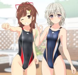 Rule 34 | 2girls, absurdres, black one-piece swimsuit, blue one-piece swimsuit, blue sky, blurry, breasts, brown eyes, brown hair, cloud, collarbone, commentary request, competition swimsuit, cowboy shot, day, depth of field, fence, high school fleet, highleg, highleg swimsuit, highres, irizaki mei, logo, long hair, looking at viewer, multiple girls, ok sign, one-piece swimsuit, outdoors, parted lips, ponytail, punching, purple eyes, short hair, silver hair, sky, small breasts, standing, striped clothes, striped one-piece swimsuit, swimsuit, table, takafumi, tateishi shima