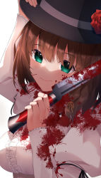 Rule 34 | 1girl, absurdres, arm up, black hat, blood, blood on face, bloody knife, blush, breasts, brown hair, center frills, charlotte corday (fate), charlotte corday (third ascension) (fate), closed mouth, commentary request, fate/grand order, fate (series), flower, frilled sleeves, frills, green eyes, hair between eyes, hand on headwear, hand up, hat, hat flower, highres, holding, holding knife, juliet sleeves, knife, long sleeves, looking at viewer, medium breasts, puffy sleeves, red flower, red rose, rose, shirt, simple background, sleeves past wrists, smile, solo, suisen-21, upper body, white background, white shirt