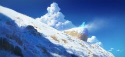 Rule 34 | blue sky, cloud, commentary, cyclecircle, day, english commentary, ghost, grass, highres, howling, mountain, no humans, original, outdoors, scenery, sky, snow, wolf