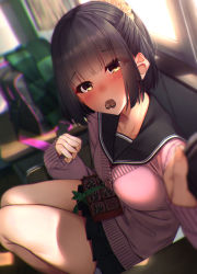 Rule 34 | 1girl, bad id, bad pixiv id, bag, black hair, black sailor collar, black skirt, blurry, blurry foreground, blush, box, brown eyes, candy, cardigan, chocolate, chocolate heart, collarbone, commentary request, day, depth of field, food, foreshortening, green scarf, hair ornament, hair scrunchie, half updo, heart, highres, long sleeves, looking at viewer, miniskirt, mouth hold, original, pink cardigan, pleated skirt, rerrere, revision, sailor collar, scarf, school bag, school uniform, scrunchie, short hair, sidelocks, sitting, skirt, sleeves past wrists, solo, thighs, valentine, window, yellow scrunchie