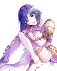 Rule 34 | 1girl, armor, blue eyes, blue hair, catria (fire emblem), dress, elbow gloves, fire emblem, fire emblem echoes: shadows of valentia, fire emblem heroes, gloves, head tilt, headband, highres, knees together feet apart, looking at viewer, nintendo, open mouth, parted bangs, pelvic curtain, shoes, short hair, shoulder armor, signature, simple background, sitting, smile, solo, tarayuki, thighhighs, thighs, turtleneck, vambraces, white background, white dress, white footwear, white gloves, white thighhighs
