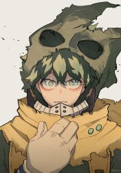 Rule 34 | 1boy, boku no hero academia, bright pupils, cape, closed mouth, commentary request, eye trail, film grain, freckles, gaagyeo, gloves, green eyes, green hair, highres, hood, hood up, korean commentary, light trail, looking at viewer, male focus, midoriya izuku, short hair, simple background, solo, twitter username, upper body, white background, white gloves, white pupils, yellow cape