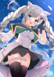Rule 34 | 1girl, :d, black capelet, black gloves, black skirt, black thighhighs, blue eyes, blue sky, blush, bow, braid, breasts, capelet, center frills, cloud, commentary request, commission, day, fang, frilled sleeves, frills, gloves, green bow, grey hair, hand up, kujou danbo, long hair, long sleeves, looking at viewer, medium breasts, open mouth, original, outdoors, petals, pixiv commission, pleated skirt, shirt, sidelocks, skindentation, skirt, sky, smile, solo, standing, thighhighs, twin braids, twintails, very long hair, white shirt, wide sleeves