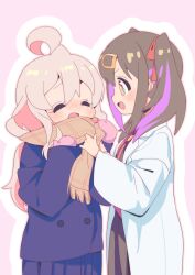 Rule 34 | 2girls, :d, ^ ^, ahoge, black hair, blue skirt, blush, brown eyes, closed eyes, coat, commentary, dot nose, enpera, facing another, genderswap, genderswap (mtf), hair ornament, hairclip, highres, lab coat, long hair, long sleeves, looking at another, mittens, mochitsuki kagami, multicolored hair, multiple girls, nose blush, onii-chan wa oshimai!, open clothes, open coat, open mouth, outline, oyama mahiro, oyama mihari, pink background, pink hair, pink mittens, plaid, plaid scarf, pleated skirt, purple hair, scarf, siblings, simple background, sisters, skirt, smile, standing, twintails, two-tone hair, white outline, winter clothes