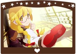 Rule 34 | 1girl, blonde hair, blush stickers, bow, box, box of chocolates, braid, candy, chocolate, chocolate heart, food, gesugesu ahoaho, gift, gift box, glasses, hair ribbon, heart, heart-shaped box, holding, holding gift, long hair, looking at viewer, monogatari (series), nanahyakuichi middle school uniform, oshino shinobu, red bow, red ribbon, ribbon, school uniform, smile, solo, twin braids, valentine, yellow eyes