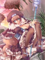 Rule 34 | 1girl, bad id, bad pixiv id, black dress, black footwear, black pantyhose, breasts, brown hair, cleavage, cloud, commentary request, dress, dutch angle, frilled dress, frills, full body, grass, hair between eyes, high heels, hizukiryou, holding, holding staff, large breasts, long hair, looking at viewer, nun, open mouth, original, pantyhose, sitting, sky, solo, staff, stairs, tree