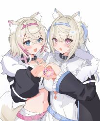 Rule 34 | 2girls, absurdres, animal ear fluff, animal ears, bandaid, bandaid hair ornament, belt, belt collar, black collar, black jacket, blonde hair, blue belt, blue eyes, blue hair, breasts, cleavage, collar, cropped jacket, cropped shirt, dog ears, dog girl, dog tail, dress, fang, fangs, fur-trimmed jacket, fur trim, fuwawa abyssgard, fuwawa abyssgard (1st costume), hair ornament, hairpin, headphones, headphones around neck, heart, heart hands, heart hands duo, highres, hololive, hololive english, jacket, large breasts, looking at viewer, midriff, mococo abyssgard, mococo abyssgard (1st costume), multiple girls, navel, pink belt, pink eyes, pink hair, sasaki ikuya, shirt, shorts, siblings, sisters, skin fang, skin fangs, small breasts, spiked collar, spikes, tail, twins, two side up, virtual youtuber, white background, white dress, white shirt, white shorts, x hair ornament