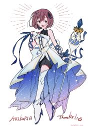 Rule 34 | 1girl, alternate costume, boots, brown eyes, brown hair, dress, hazime, high heel boots, high heels, highres, holding, holding scepter, holding staff, meiko (vocaloid), meikopia, ribbon, scepter, short hair, shorts, simple background, smile, solo, staff, thighhighs, vocaloid, white thighhighs