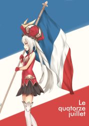 Rule 34 | 1girl, arcie albano, bare shoulders, blue eyes, blush, boots, breasts, dress, fate/grand order, fate (series), french flag, french text, from side, gloves, hat, long hair, marie antoinette (fate), parted lips, profile, red gloves, silver hair, small breasts, smile, solo, thigh boots, thighhighs, translated, twintails, very long hair, white footwear