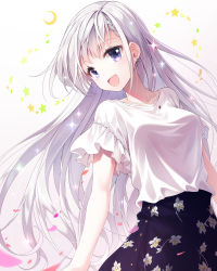 Rule 34 | 1girl, :d, black skirt, blouse, blush, braid, braided bangs, breasts, collarbone, commentary request, crescent, earrings, floral print, gradient background, grey background, highres, hisakawa hayate, idolmaster, idolmaster cinderella girls, jewelry, kine-c, long hair, looking at viewer, medium breasts, open mouth, pendant, petals, print skirt, purple eyes, shirt, short sleeves, silver hair, skirt, smile, solo, star (symbol), very long hair, white background, white shirt